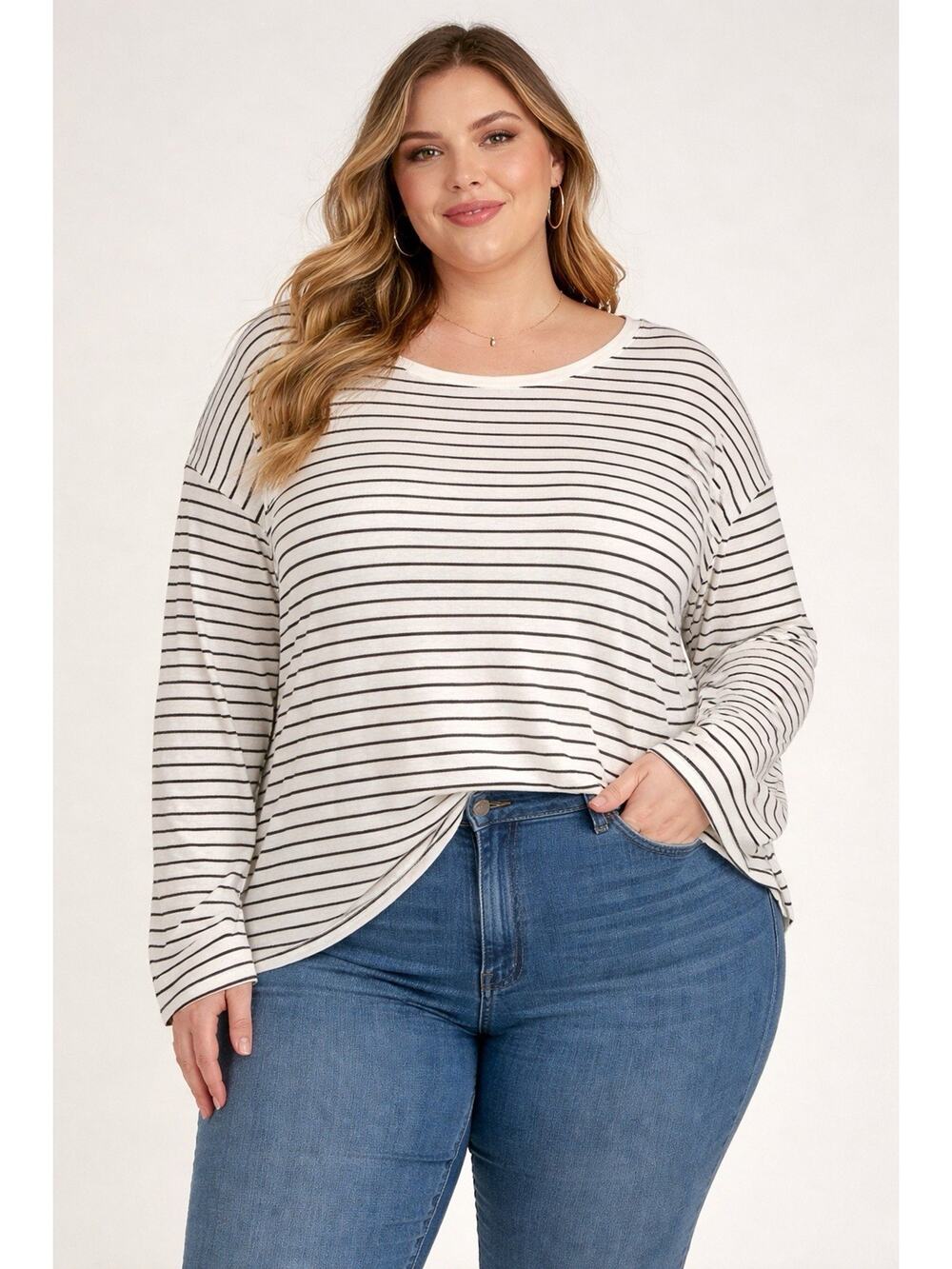 J Jill Long Sleeve Pima Crew Neck Tee Black White Striped 100% Cotton Womens 2x
